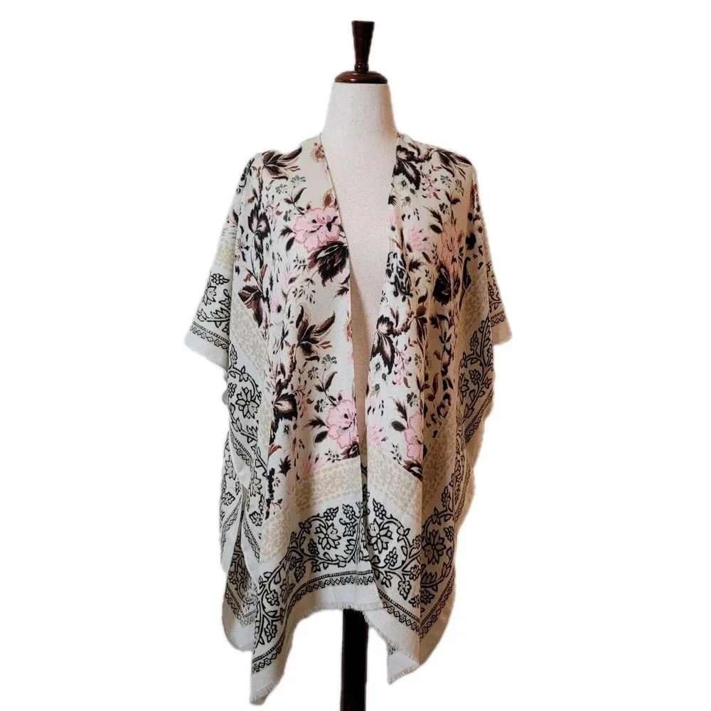 Nine West Rayon shawl Wrap Pink Floral womens OS Boho fringe dressy Casual Scarf